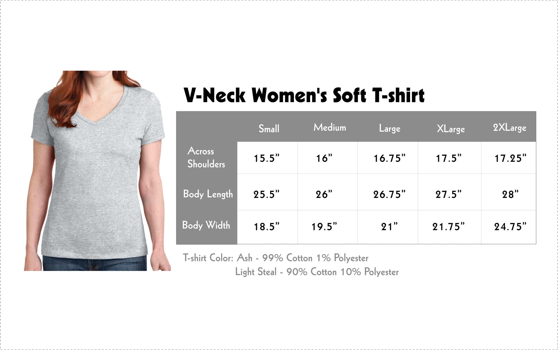 Women's V-neck T=shirt size chart