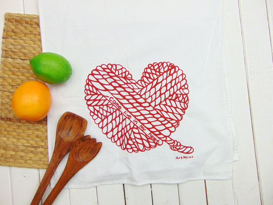 Flour Sack Kitchen Tea Towel "Red Yarn Heart"