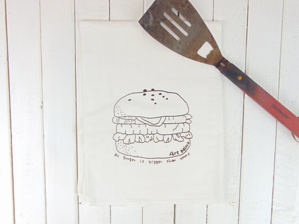 Flour Sack Kitchen Tea Towel "My burger is bigger than your burger"