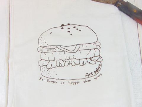 Flour Sack Kitchen Tea Towel "My burger is bigger than your burger"