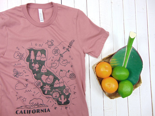 A photo of Soft Unisex Tee "California Map" T-shirt Color: Mauve