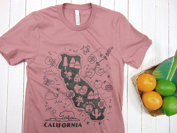 A photo of Soft Unisex Tee "California Map" T-shirt Color: Mauve