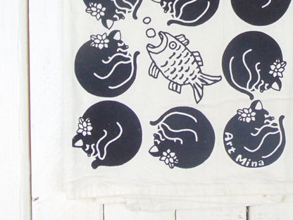 "Dreaming Kuro-chan" Hand Screen Printed  Flour Sack Kitchen Tea Towel
