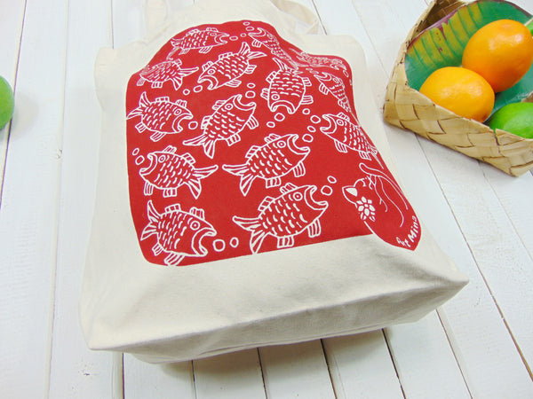 Art Mina Canvas Tote Bag Red Fish and Cat