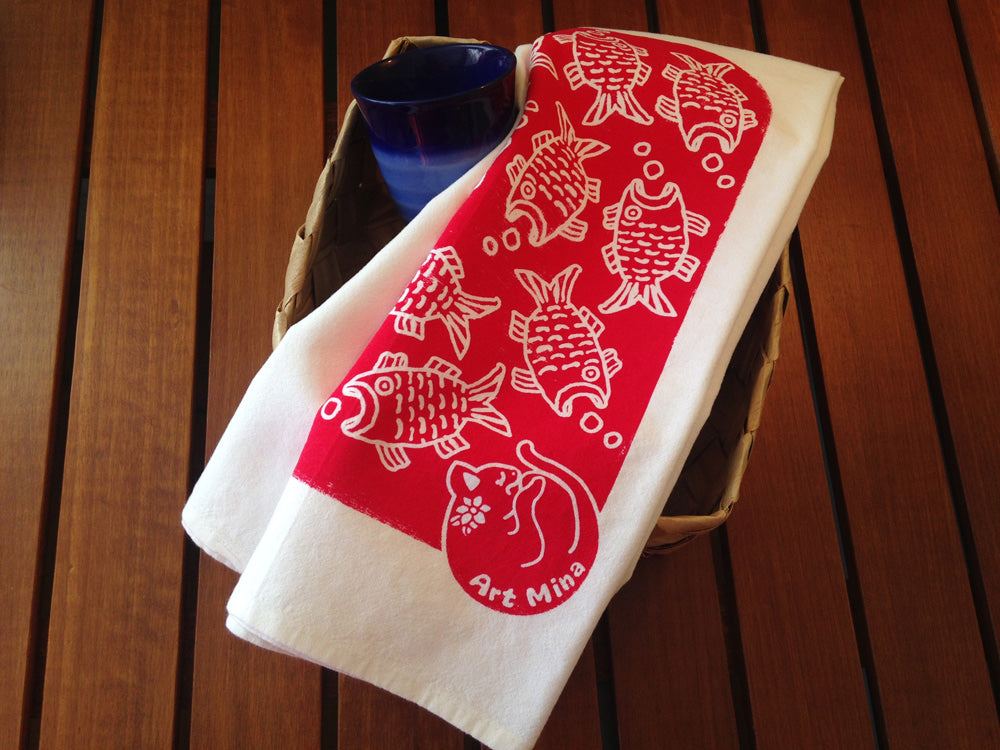 Art Mina Flour Sack Kitchen Tea Towel "Hungry Cat, Sally's Dream"