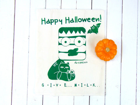 Art Min Flour Sack Kitchen Tea Towel  "Cat Lover Frankenstein