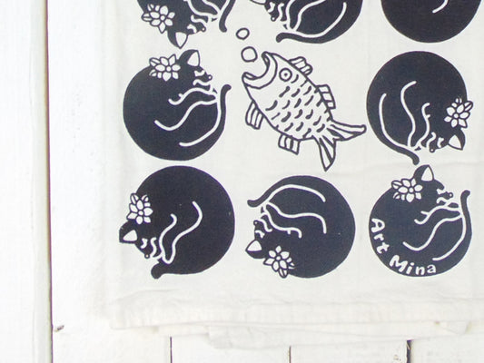 hand-screen printed cat and fish towel