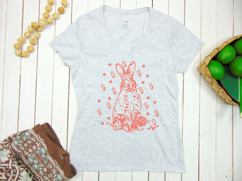 Women's Soft Tee "Carrot Bunny" V-Neck. Up To Size 5XL