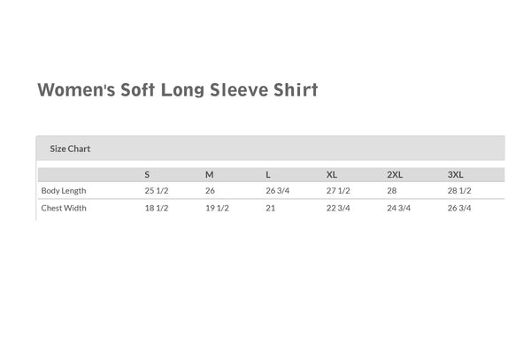 A photo of Women's Soft Long Sleeve T-shirt Shirt "Ojai California" Size Chart