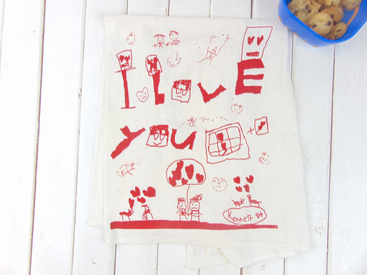 Flour Sack Kitchen Tea Towel "I love you" - Kids Drawing