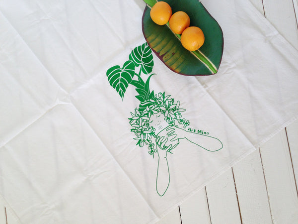 Flour Sack Kitchen Tea Towel "Morning Kona Coffee" Lauhala Green