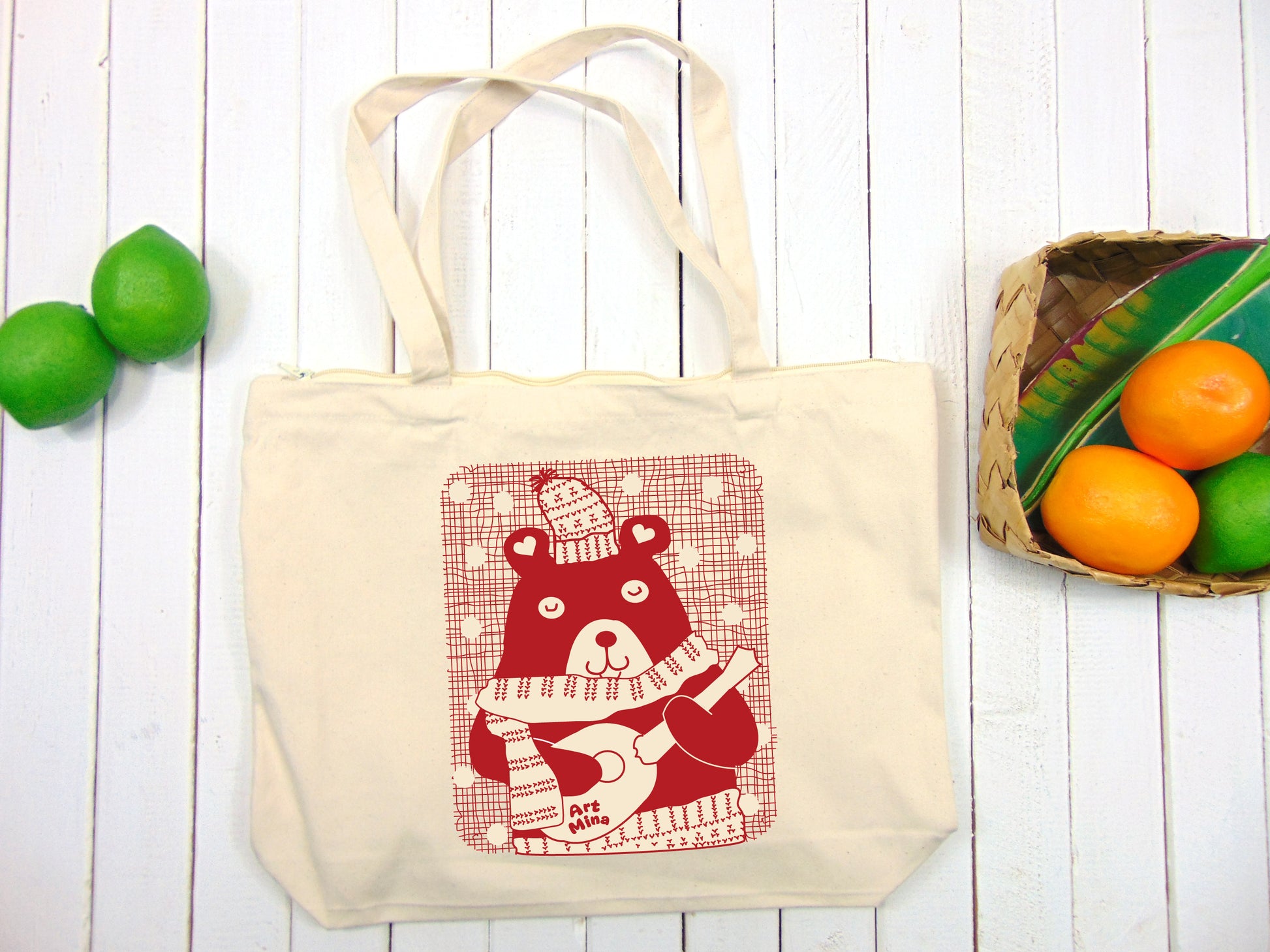 A photo of Art Mina Zepper Tote Bag, Ukulele Bear