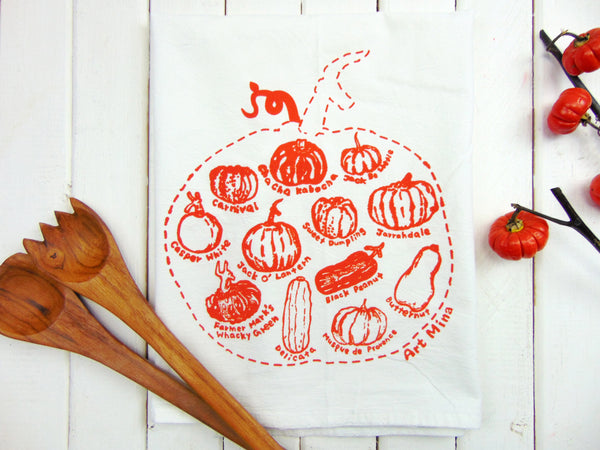 Flour Sack Kitchen Tea Towel  "Pumpkin Sketch"