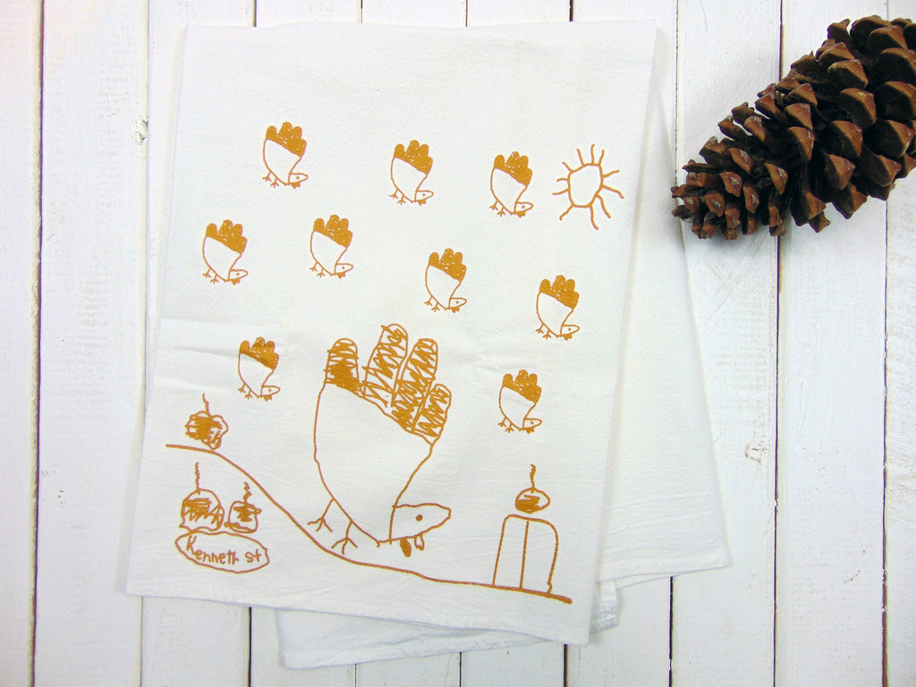 Flour Sack Kitchen Tea Towel Kids Drawing Thanksgiving Turkey – Art Mina
