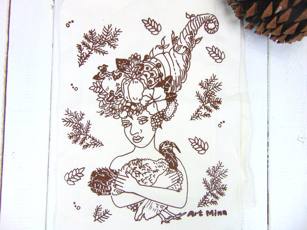 Art Mina  Flour Sack Kitchen Tea Towel  "Thanksgiving Cornucopia and Turkey"