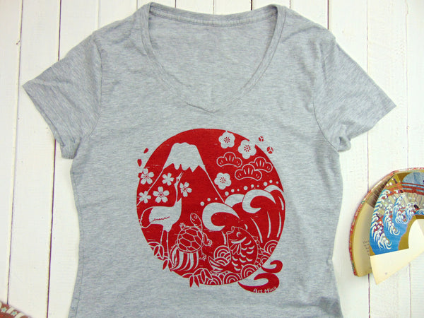 Women's Soft V-Neck Tee "Japan Good Luck Charms" Up to Size 5XL